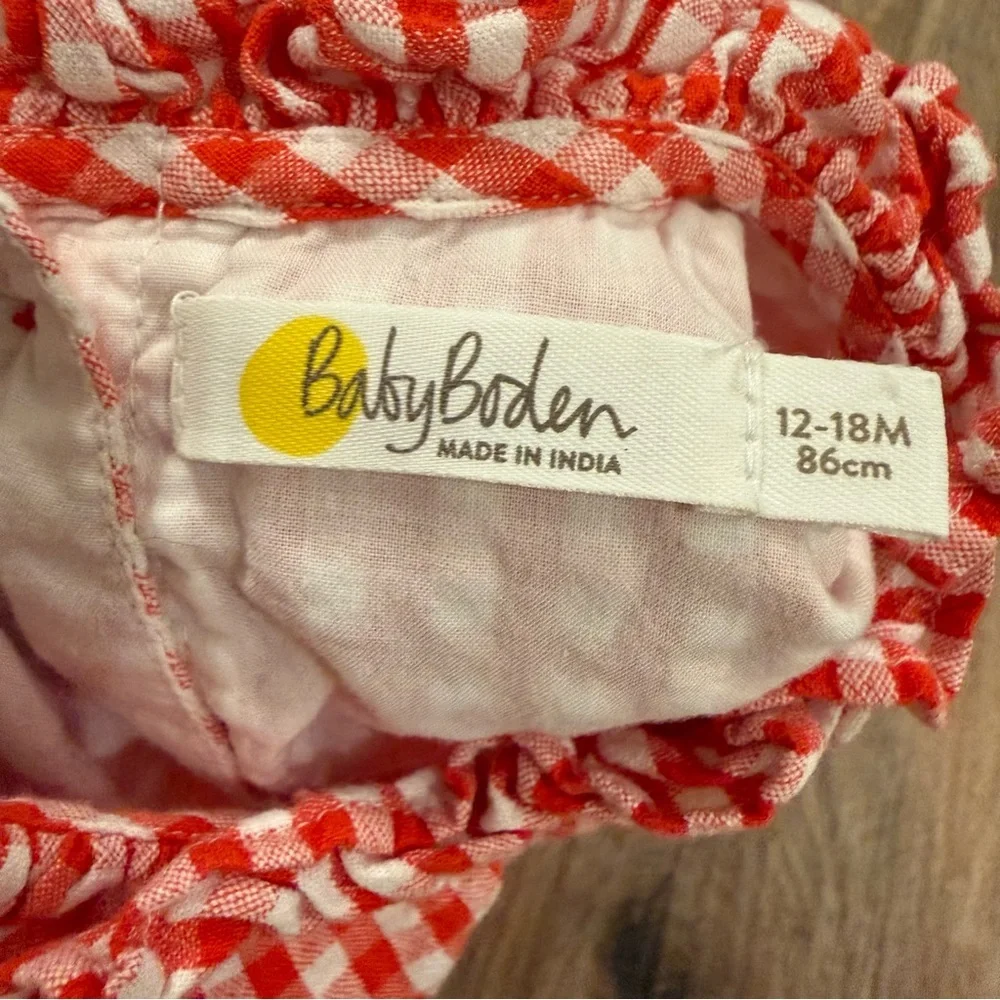 Mini Boden Romper Baby Girl 12-18 Months Red Gingham Smocked Bunny Ruffle Cotton - Picture 6 of 8